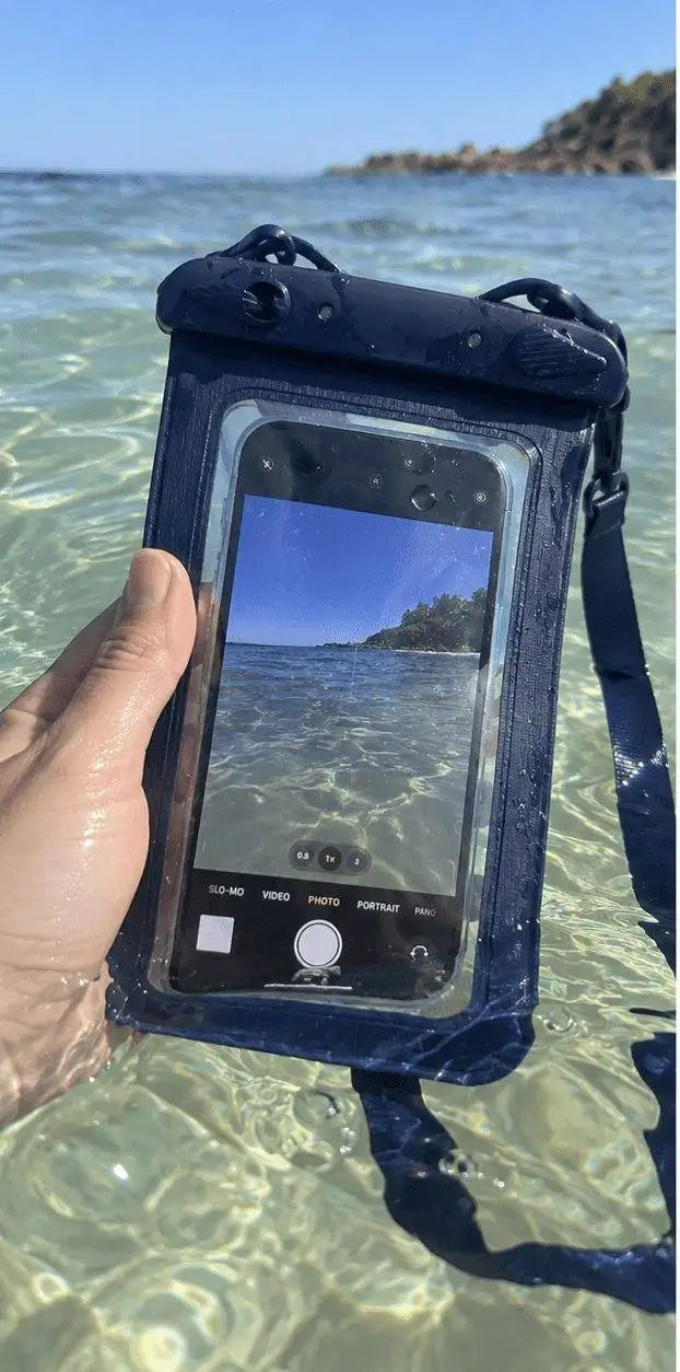 Billy waterproof floating phone pouch in Mako Blue, alternate view