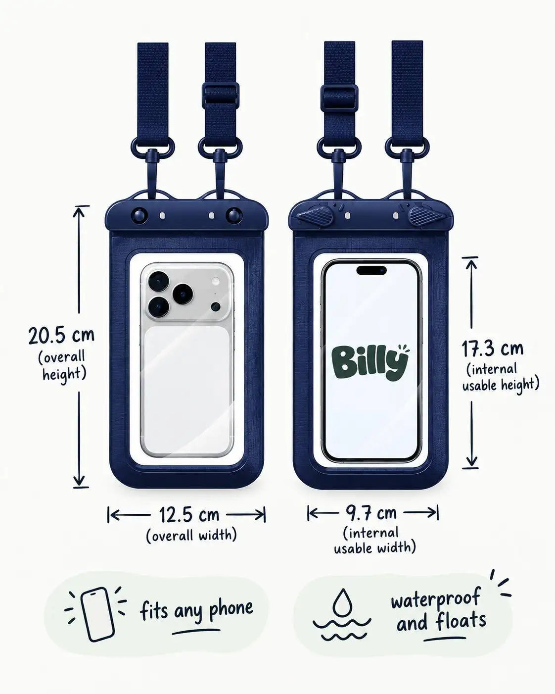 Billy waterproof floating phone pouch measurements
