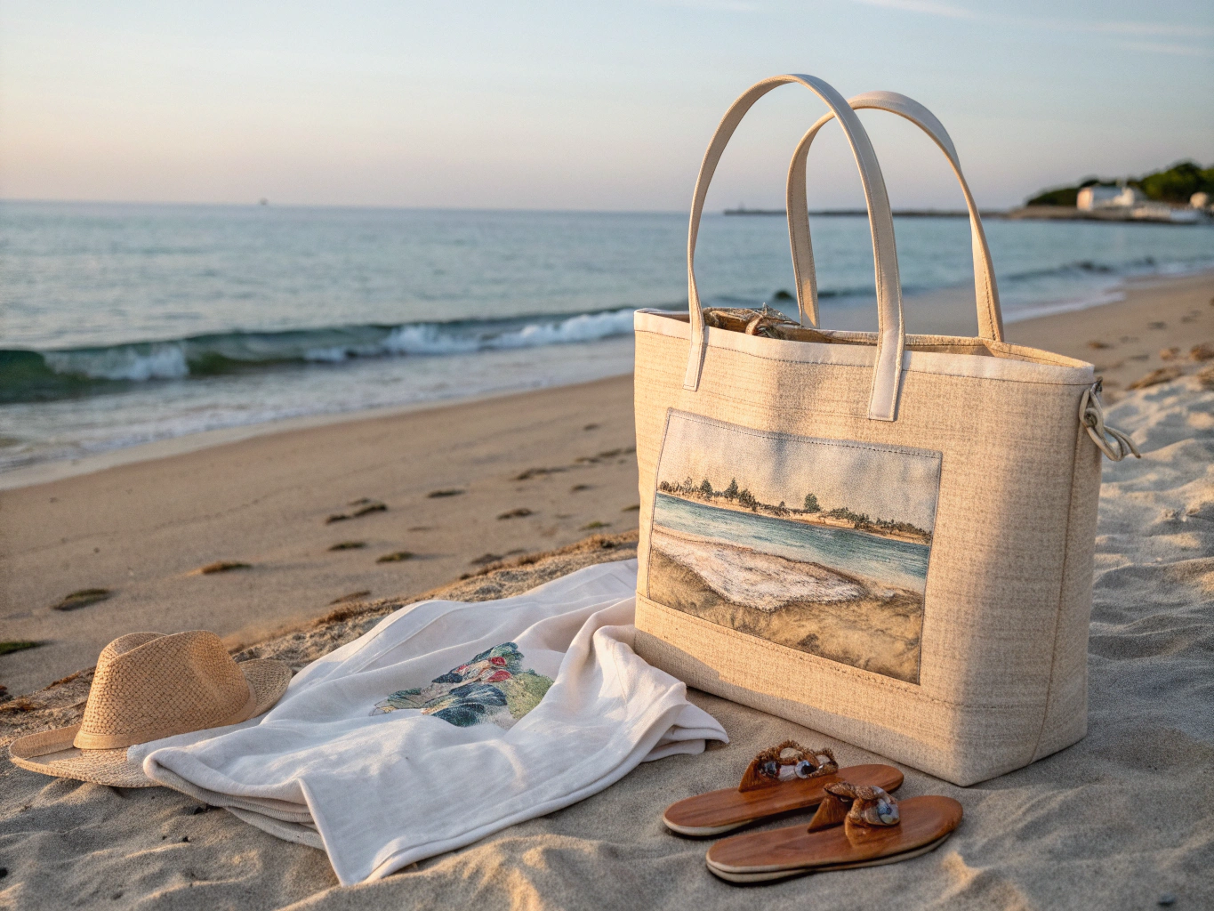 Billy tote placed on golden sand by the ocean with towels and sunscreen tucked in