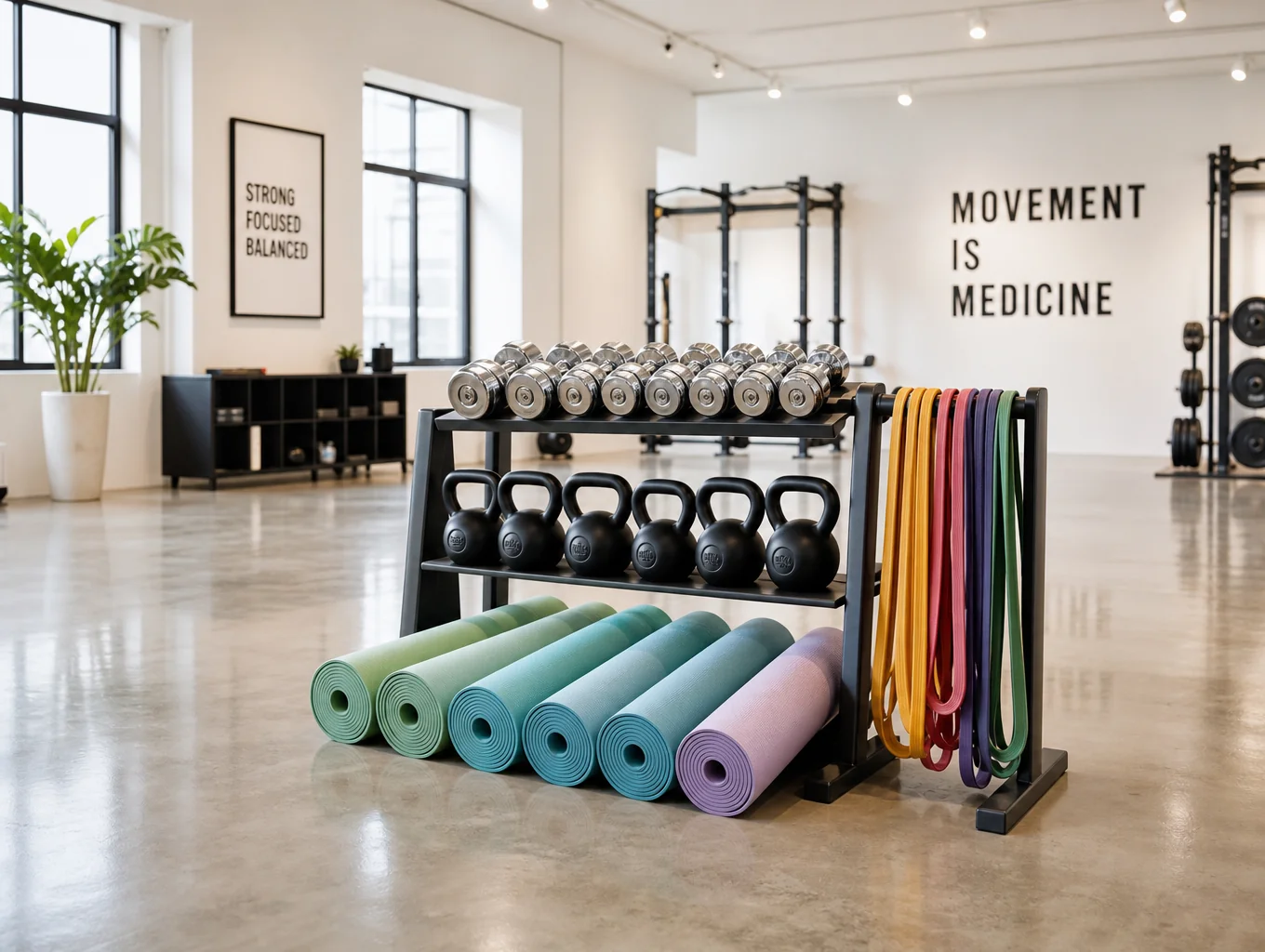 Billy tote next to workout sneakers, drink bottle and yoga mat in a sunlit studio