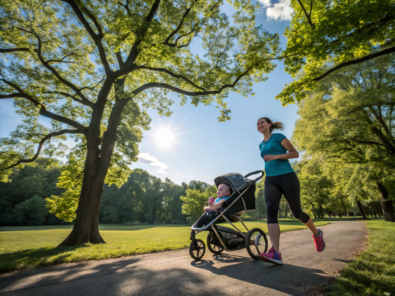 Mum holding Billy tote on a park stroll with baby stroller and family supplies