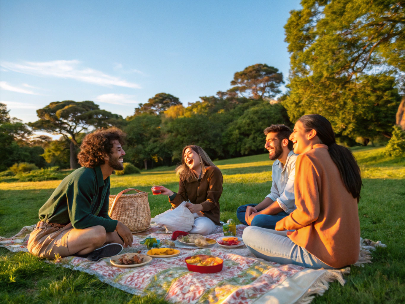 Friends having a lush grass picnic with Billy tote resting beside gourmet food spread