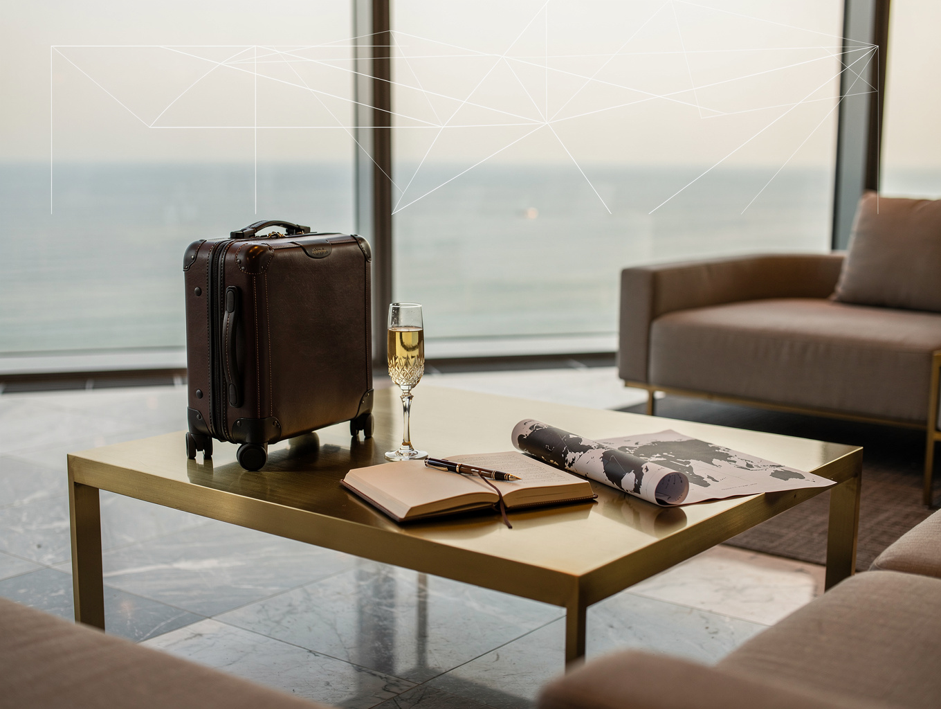 Billy tote placed on carry-on rolling luggage at an airport lounge