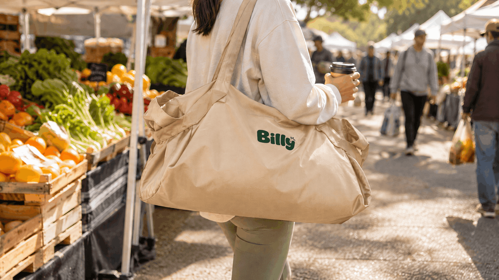 Billy tote full of fresh farmers market groceries