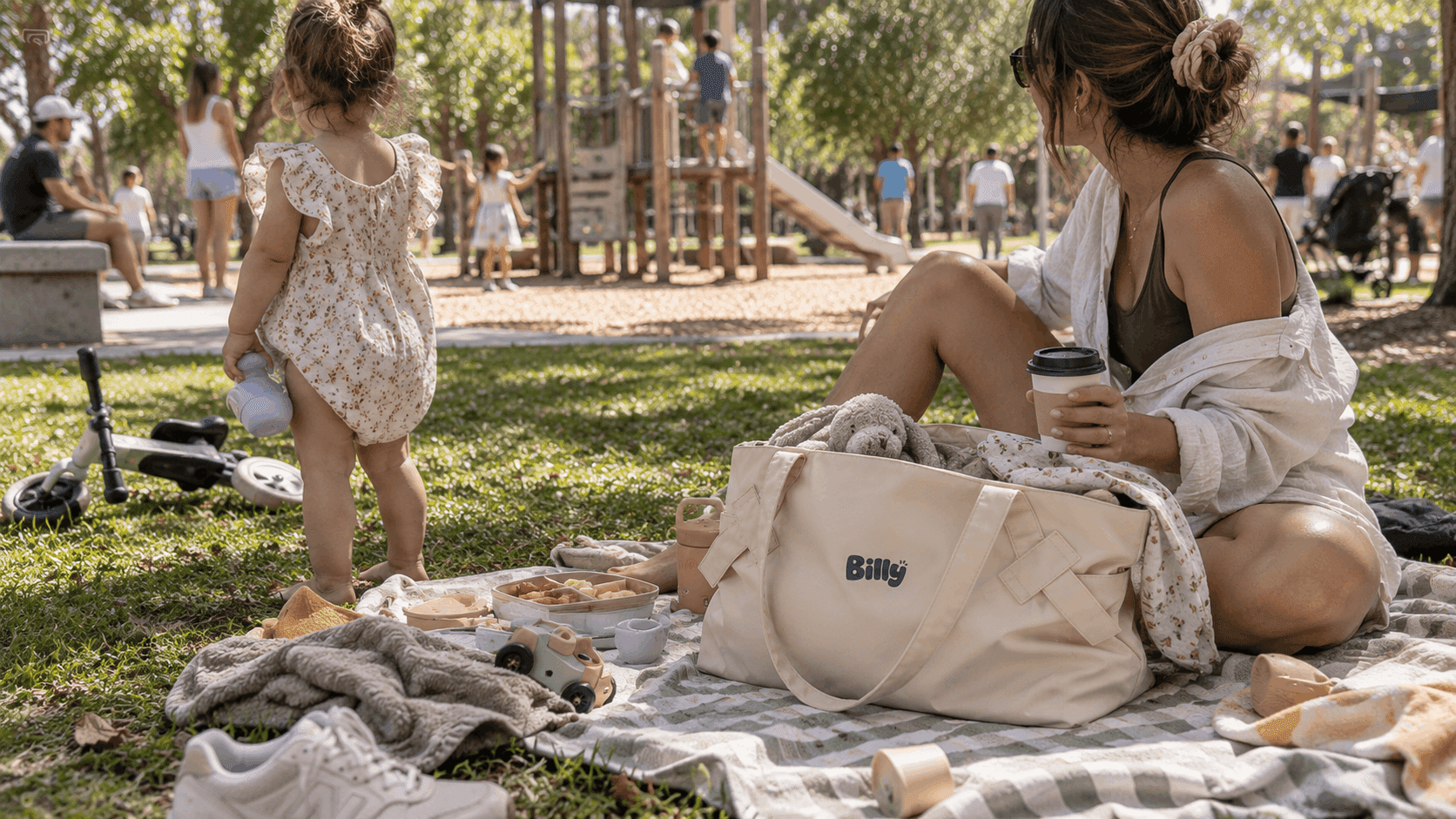 Billy tote carrying kids gear and baby essentials
